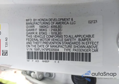 2023 Honda Civic Ex-L /Ex-L W/O Bsi from USA, damaged, VIN 19XFL1H79PE005904